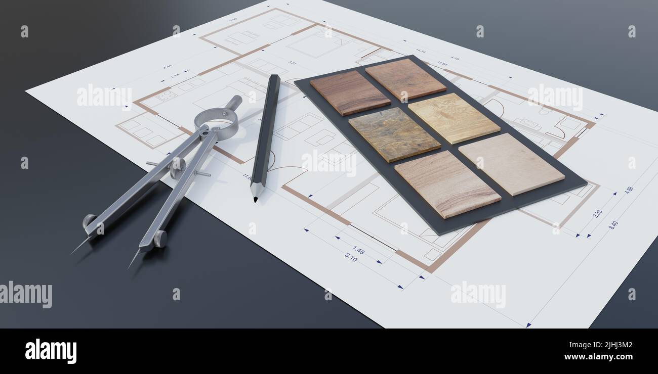 Design furniture home interior concept. Pencil, calipers, various wooden sample for choosing on blueprint background. Overhead view. 3d render Stock Photo