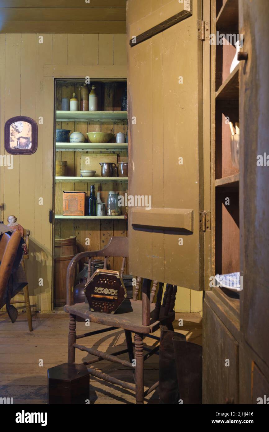 Interior display of a typical rural, agricultural, blue collar laborer house during the 19th century. At the Oakland Museum of Art in Oakland, Califor Stock Photo