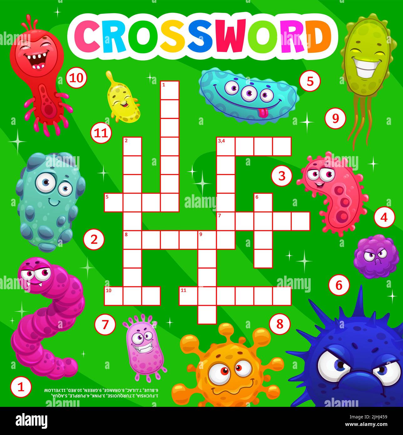 Cartoon viruses, microbes, germs and bacteria crossword grid worksheet