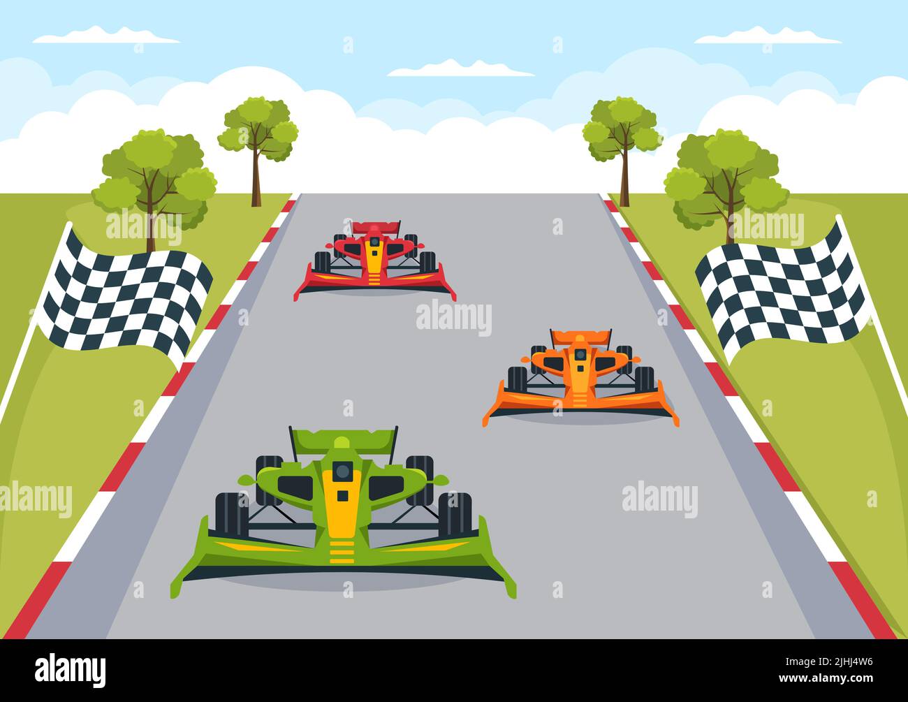 Formula Racing Sport Car Reach on Race Circuit the Finish Line Cartoon Illustration to Win the Championship in Flat Style Design Stock Vector