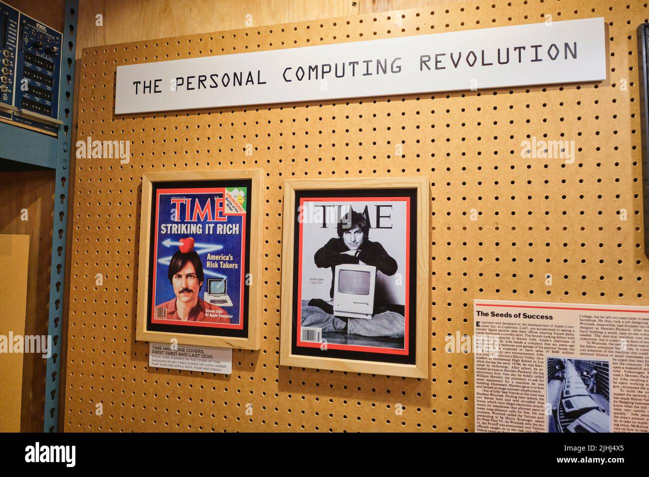 Display on the history of Silicon Valley, tech, computer development. A couple of Time magazine covers about Apple's Steve Jobs. At the Oakland Museum Stock Photo