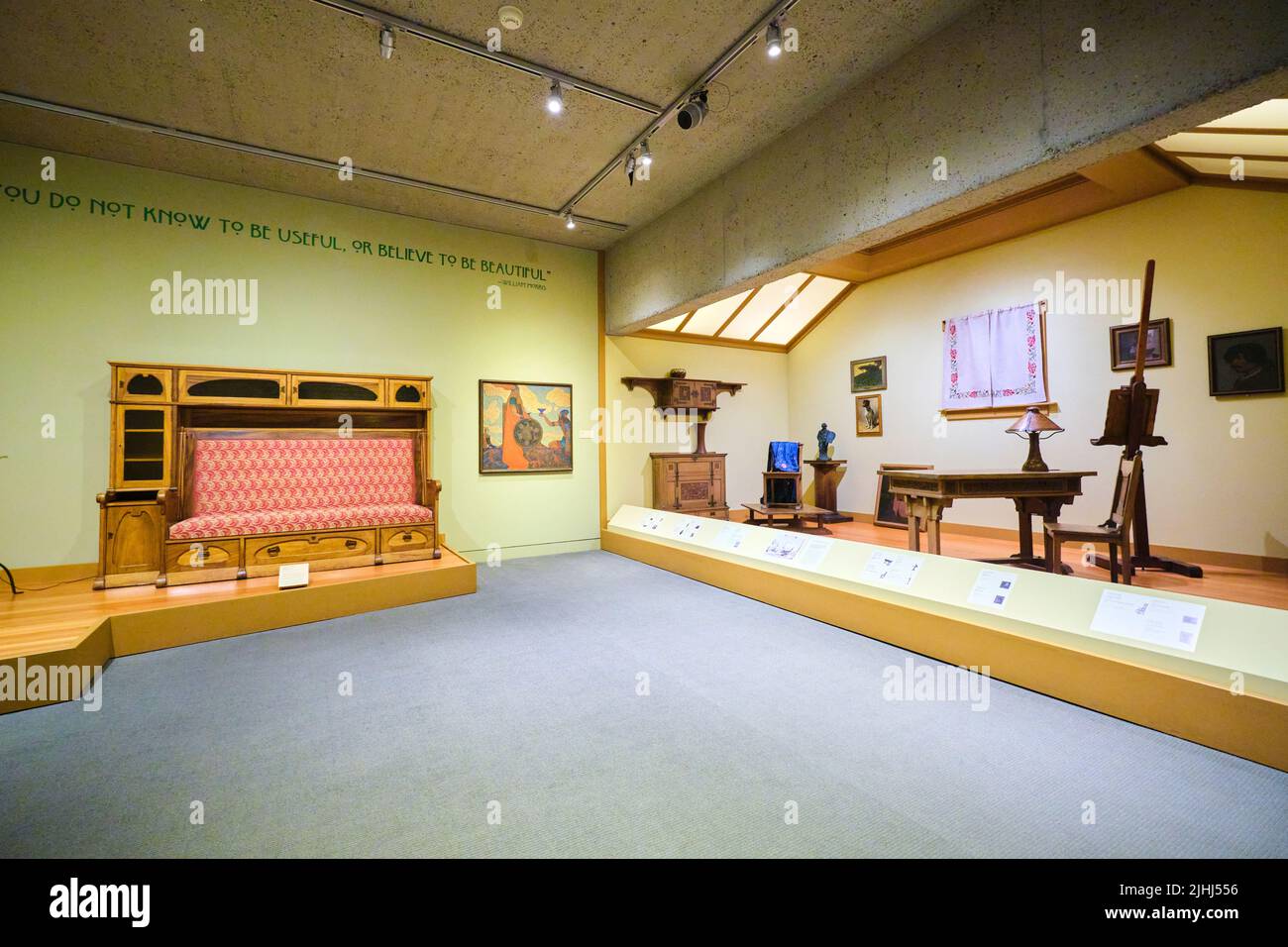 A display of California bungalow design of wood furniture, including Stickley. At the Oakland Museum of Art in Oakland, California. Stock Photo