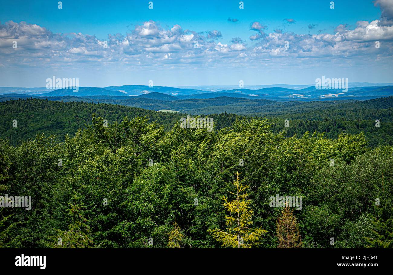 Low Beskids mountain range. Blue cloudy sky over the mountains. Stock Photo