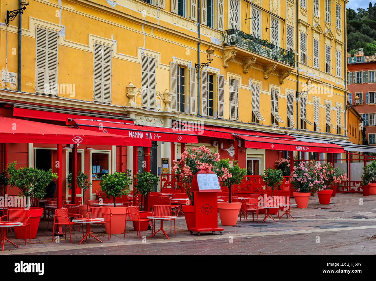 Nice, France - May 25, 2022: Street cafe at a local outdoor farmers market Cours Saleya in the Old Town Vieille Ville, French Riviera, South of France Stock Photo