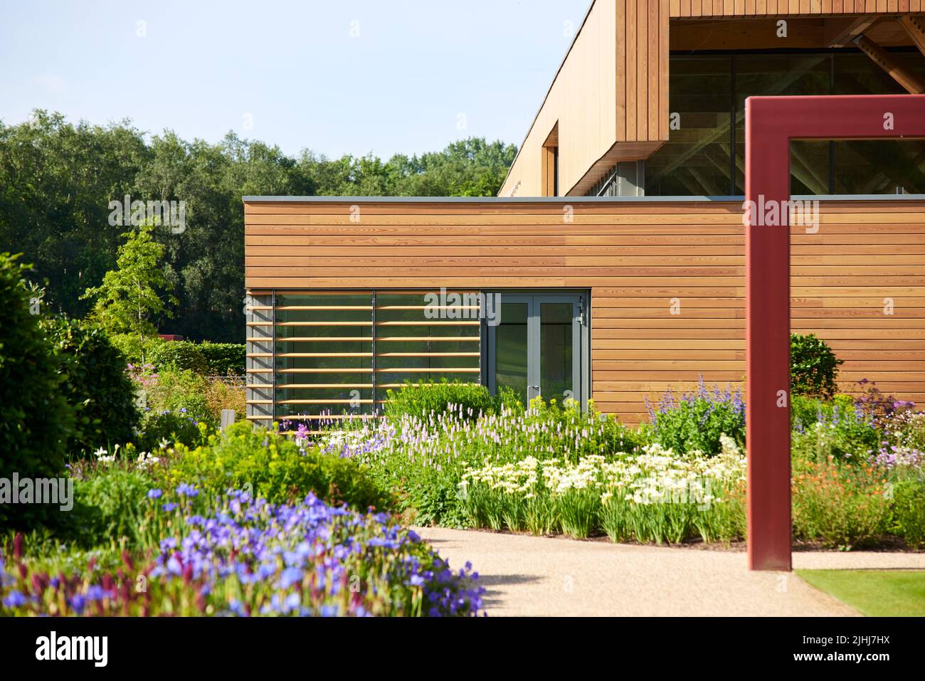 RHS Bridgewater in Worsley, Salford.  Welcome garden boarders and the Welcome Building Stock Photo