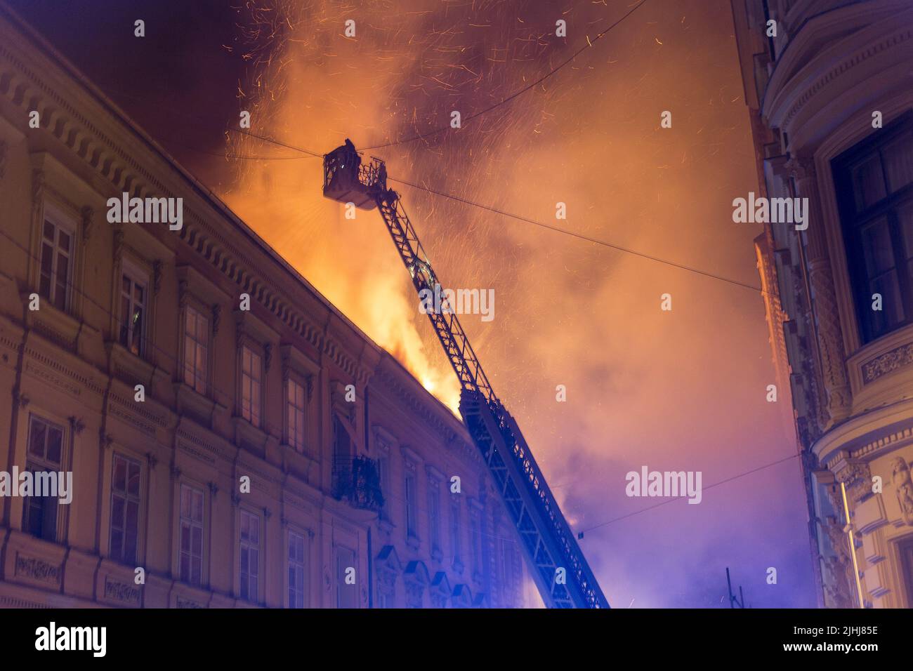 Fire on the building in downtown of Zagreb. Stock Photo