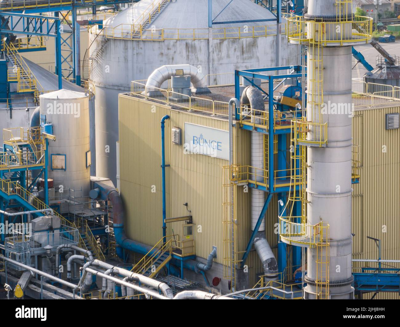 The Bunge logo, an agribusiness and food ingredient company, is seen on the side of an oilseed processing plant in Hamilton. Stock Photo