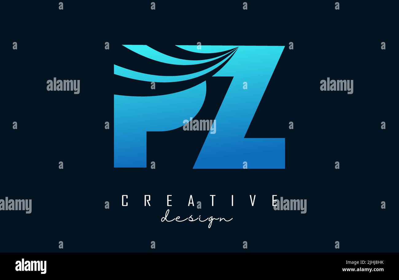 Creative blue letter PZ p z logo with leading lines and road concept ...