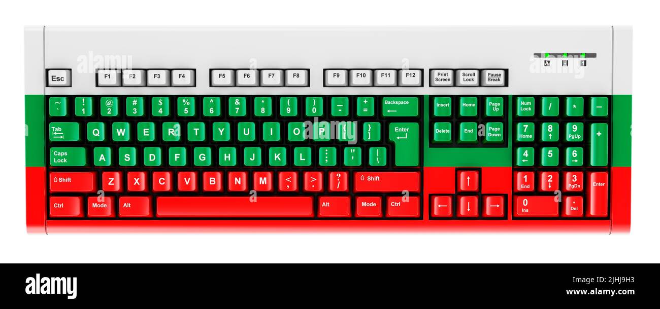 Bulgarian flag painted on computer keyboard. 3D rendering isolated on