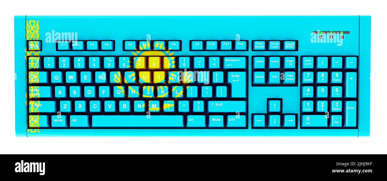 Kazakh flag painted on computer keyboard. 3D rendering isolated on white background Stock Photo