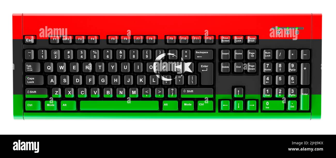 Libyan flag painted on computer keyboard. 3D rendering isolated on white background Stock Photo