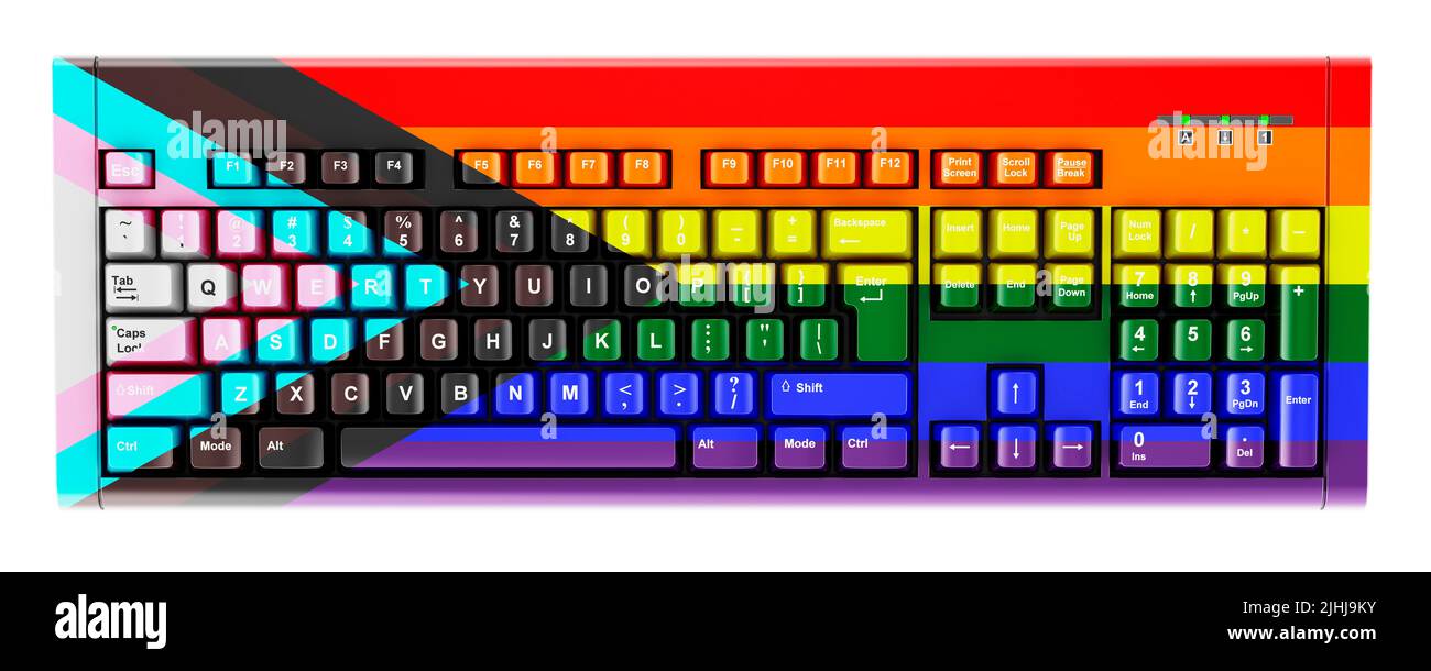 LGBTQ flag painted on computer keyboard. 3D rendering isolated on white background Stock Photo