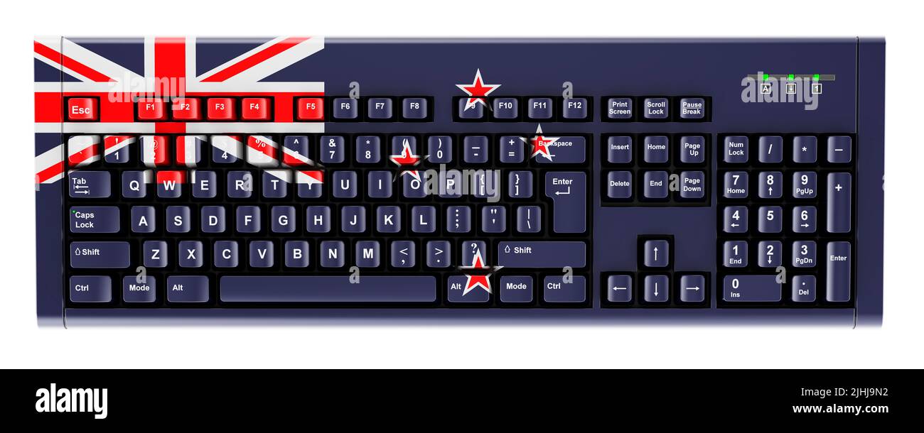 New Zealand flag painted on computer keyboard. 3D rendering isolated on