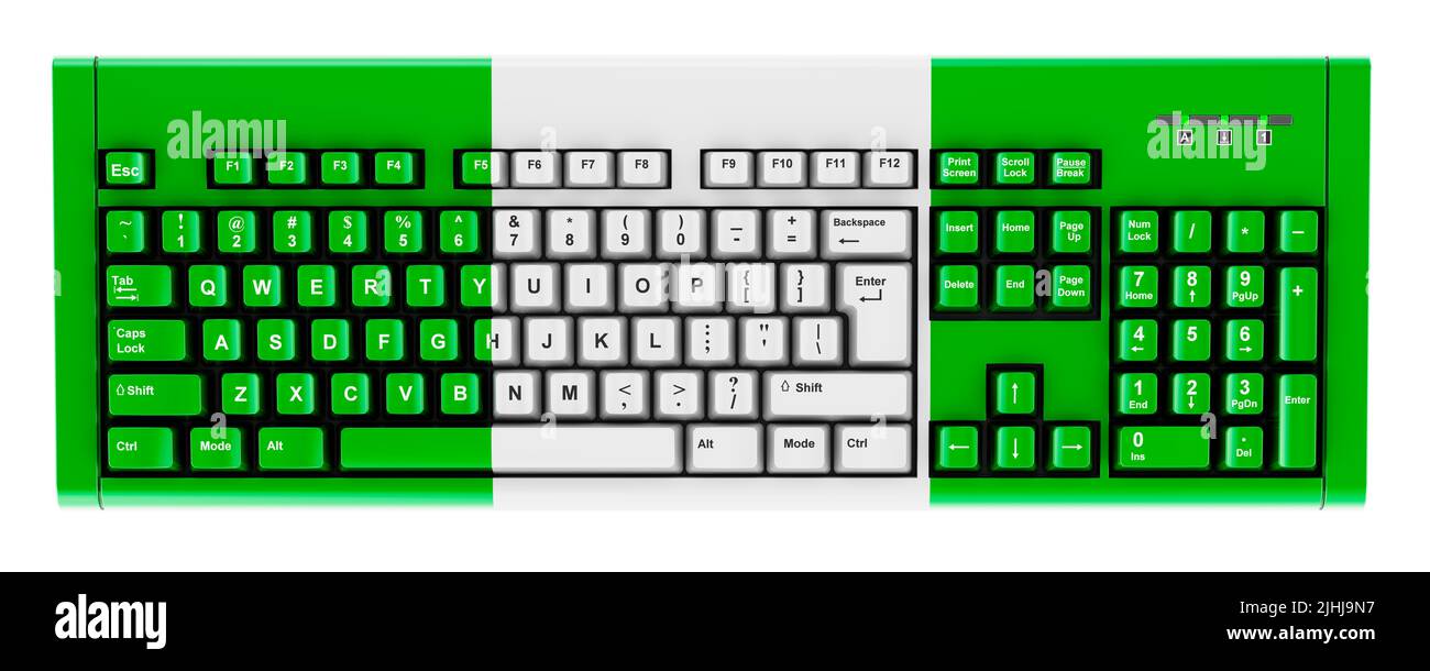 Nigerian flag painted on computer keyboard. 3D rendering isolated on white background Stock Photo