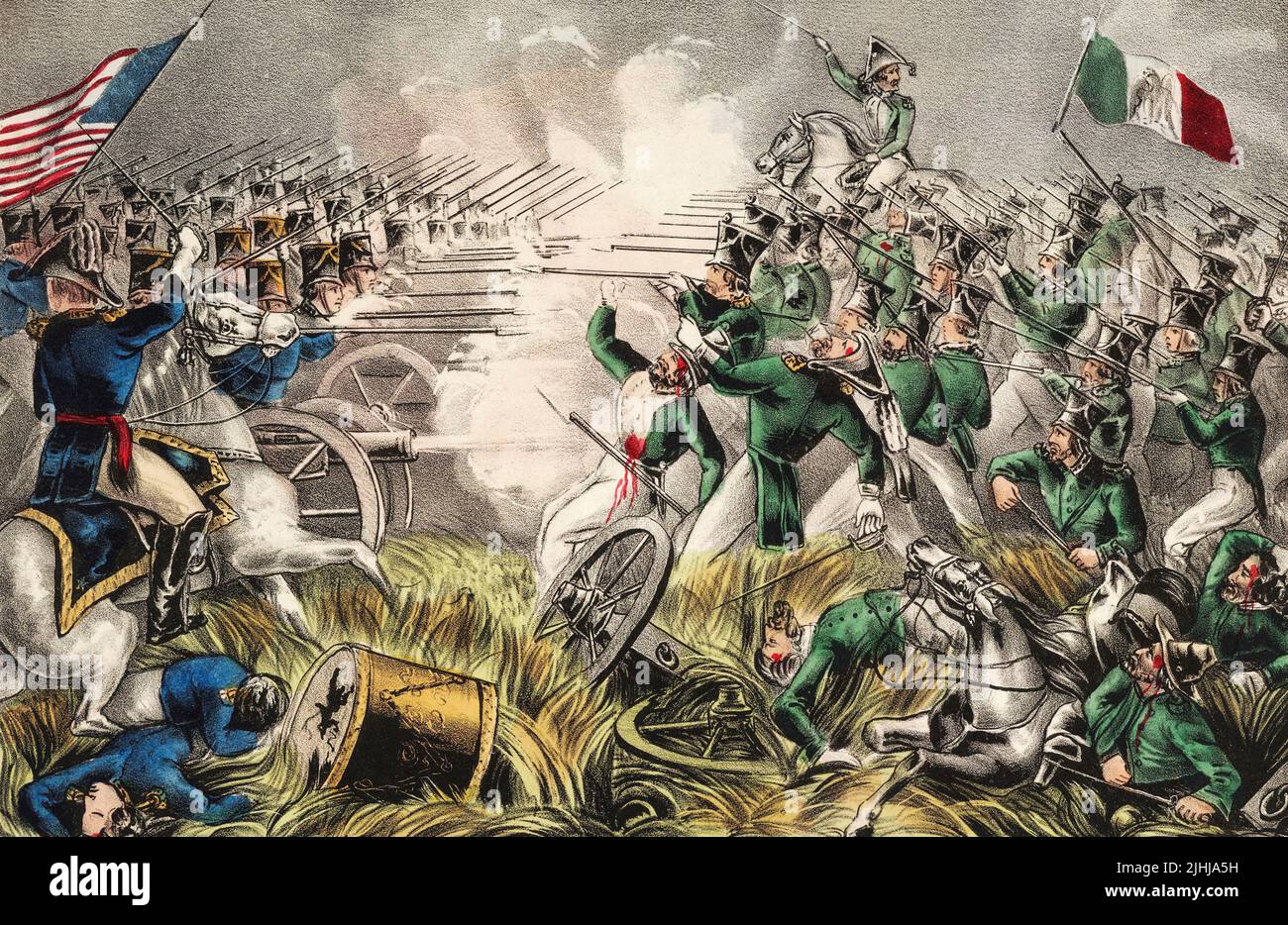 The Battle of Buena Vista, February 22–23, 1847, aka the Battle of La Angostura fought during the Mexican–American War, 1846 - 1848. After a work published by Nathaniel Currier in 1847. Stock Photo