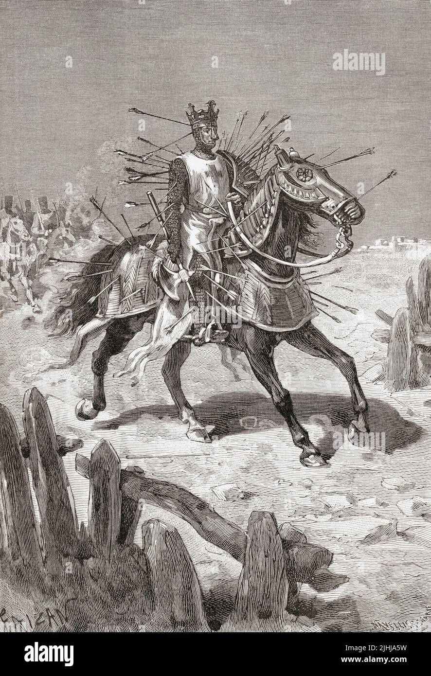 A spectacularly exaggerated drawing of Richard the Lionheart and his horse emerging from the Battle of Arsuf after being hit by dozens of arrows but obviously not hors de combat.  The Battle of Arsuf, 7 September 1191, during the Third Crusade was an important Crusader victory and King Richard’s leadership and bravery during it further cemented his reputation as one of Europe’s great warrior kings.  From Histoire de France, published 1855. Stock Photo