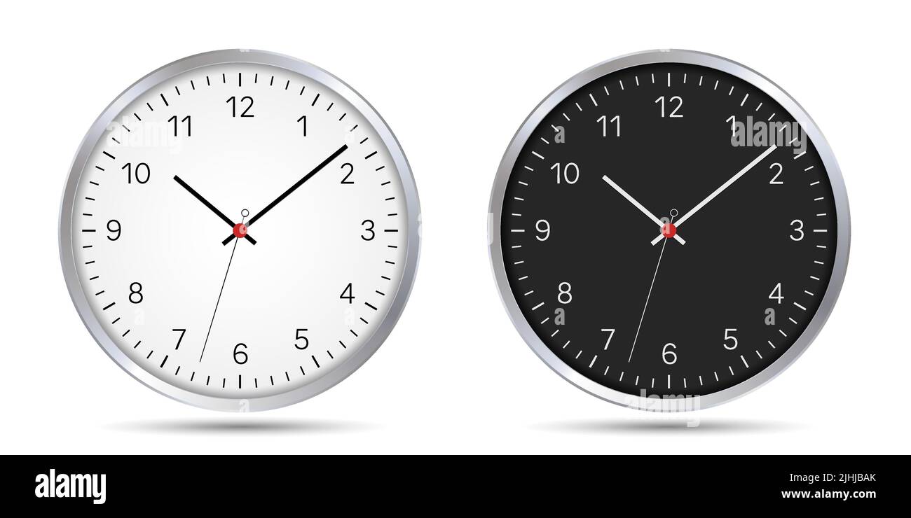 A set of black and white circular watches with a second hand and a metal bezel. Dial with numbers, hands and red center - vector Stock Vector