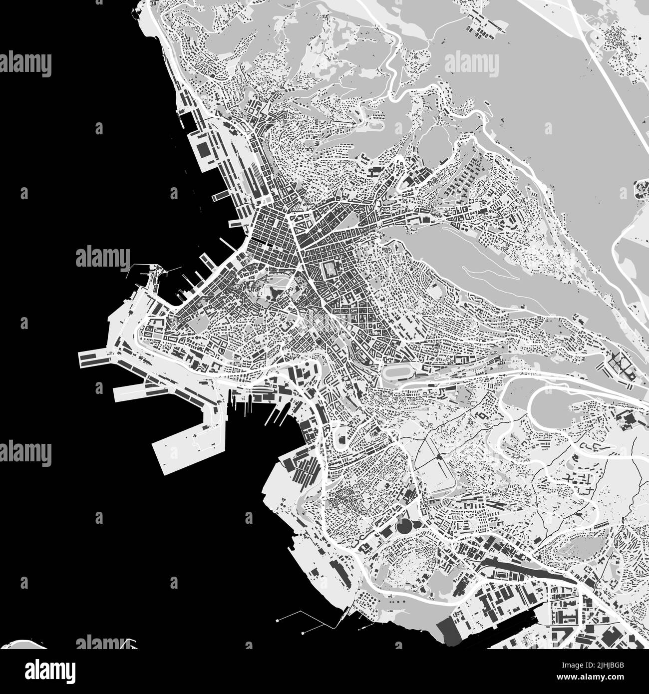 Urban city vector map of Trieste. Vector illustration, Trieste map grayscale black and white art poster. Street map image with roads, metropolitan cit Stock Vector