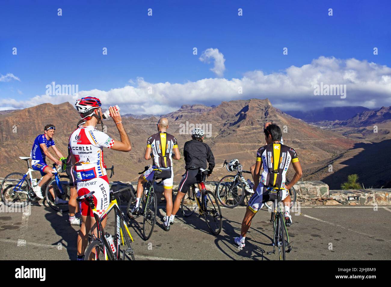 Professional cyclist at the view point Mirador de Tunte, Grand Canary, Canary islands, Spain, Europe Stock Photo
