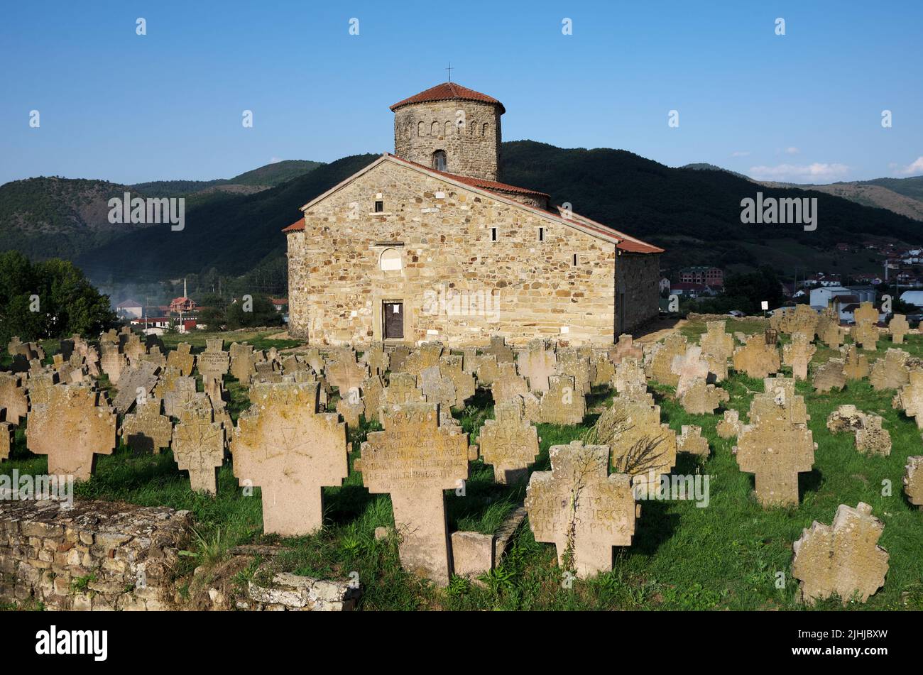 graveyard and serbian orthodox medieval Church of Saint Apostles Peter and Paul in Serbia Stock Photo
