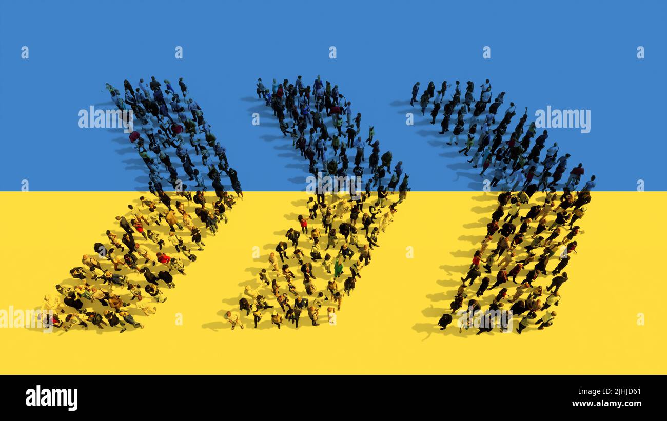 Concept or conceptual community of people forming the dangerous turn road sign on Ukrainian flag.  3d illustration metaphor for risk, warning, war Stock Photo