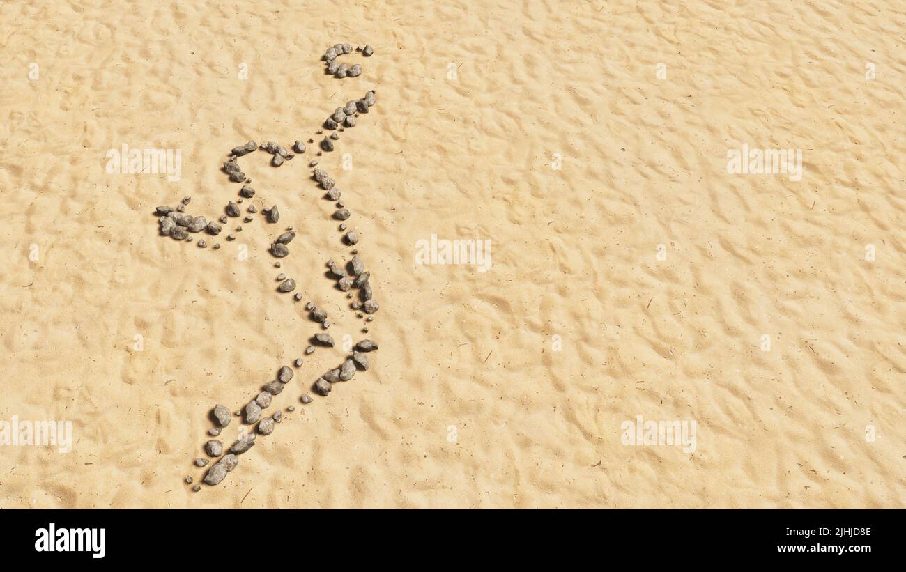 Concept conceptual stones on beach sand handmade symbol shape, golden sandy background, volleyball player sign. 3d illustration metaphor for sport Stock Photo