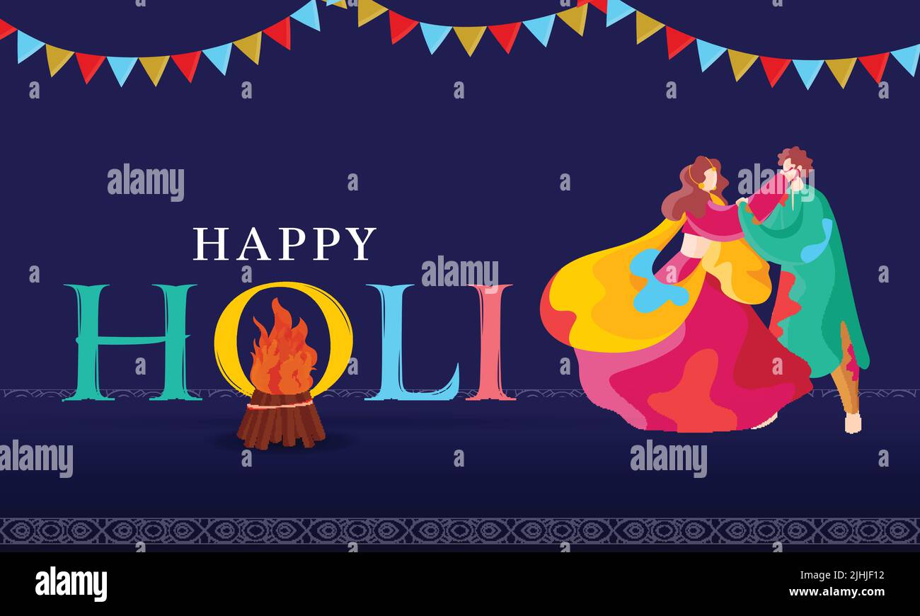 Happy Holi Celebration Banner Design With Bonfire, Indian Couple Playing Colors And Bunting Flags On Blue Background. Stock Vector