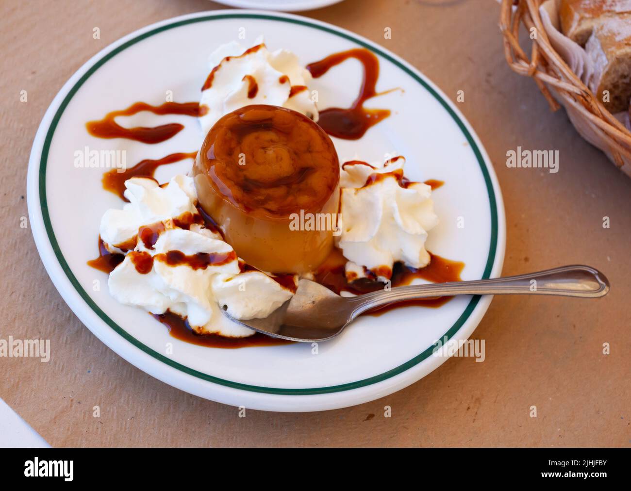 Sweet spanish dessert cream flan with butter cream, nobody Stock Photo
