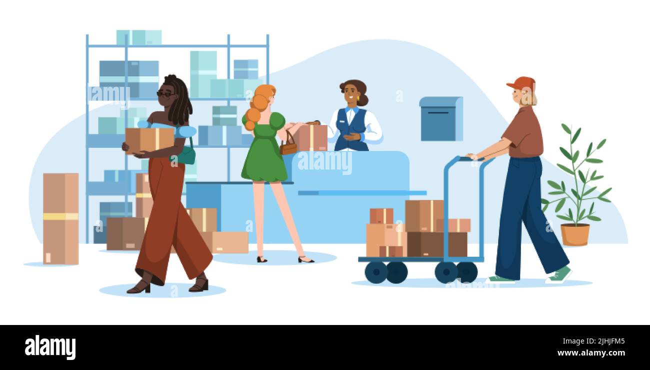 Post office with people. Mail delivery service. Woman giving letters or