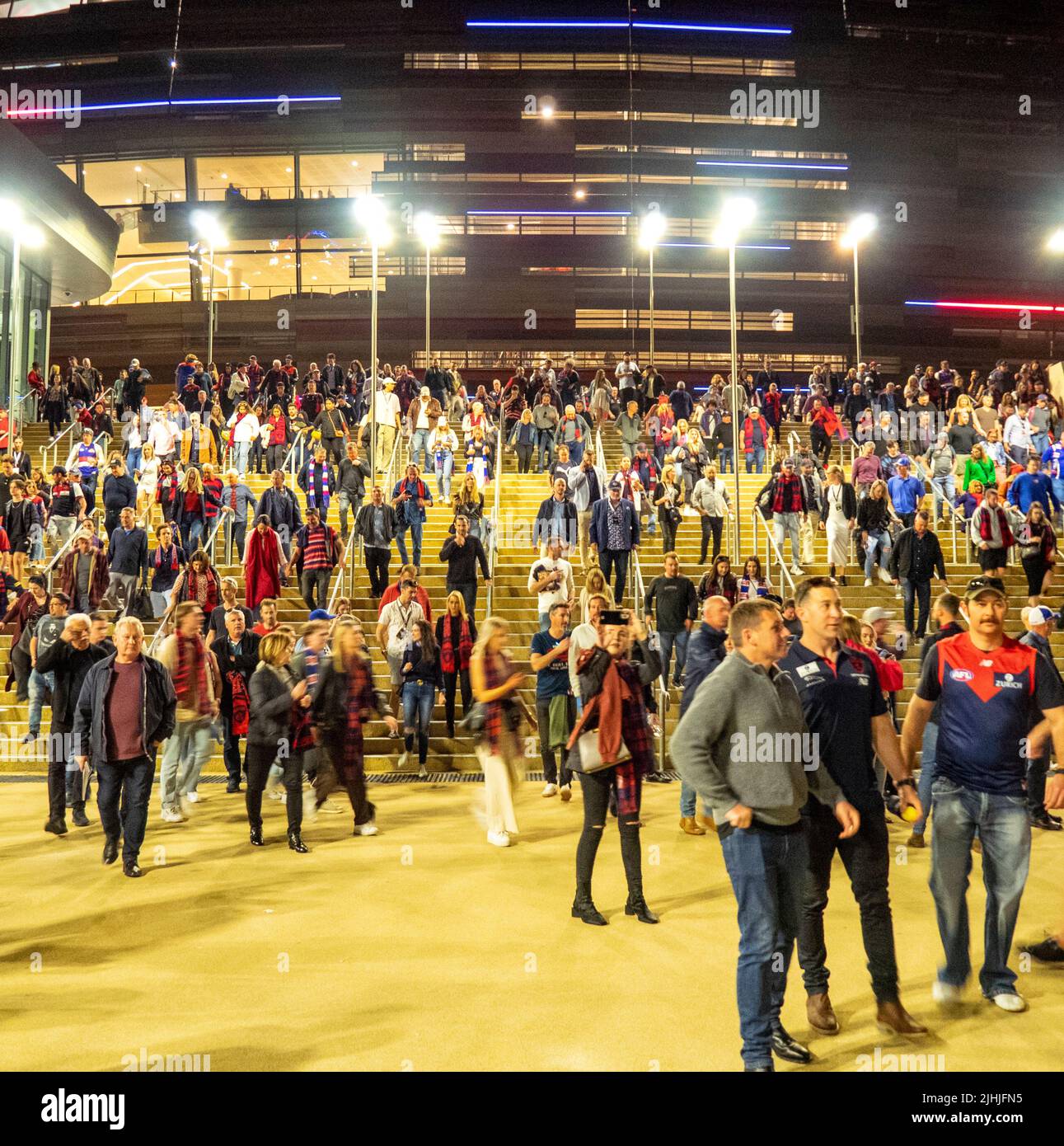 Football fans living Optus Stadium after 2021 AFL Grand Final Perth Western Australia. Stock Photo