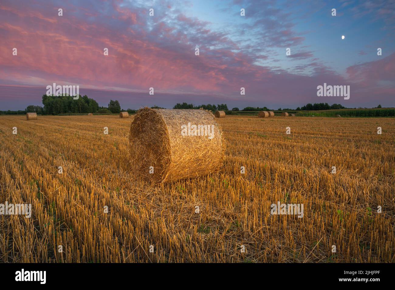 Colorful evening clouds and hay bales in the field, beautiful rural landscape Stock Photo