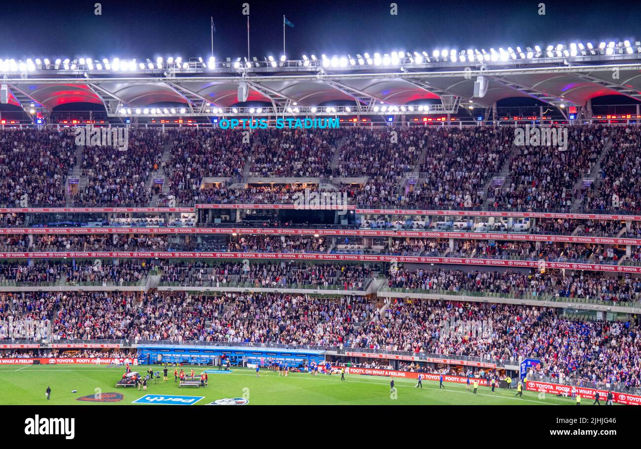 Fullhouse of fans and supporters at Optus Stadium at night lights 2021 AFL Grand Final Perth