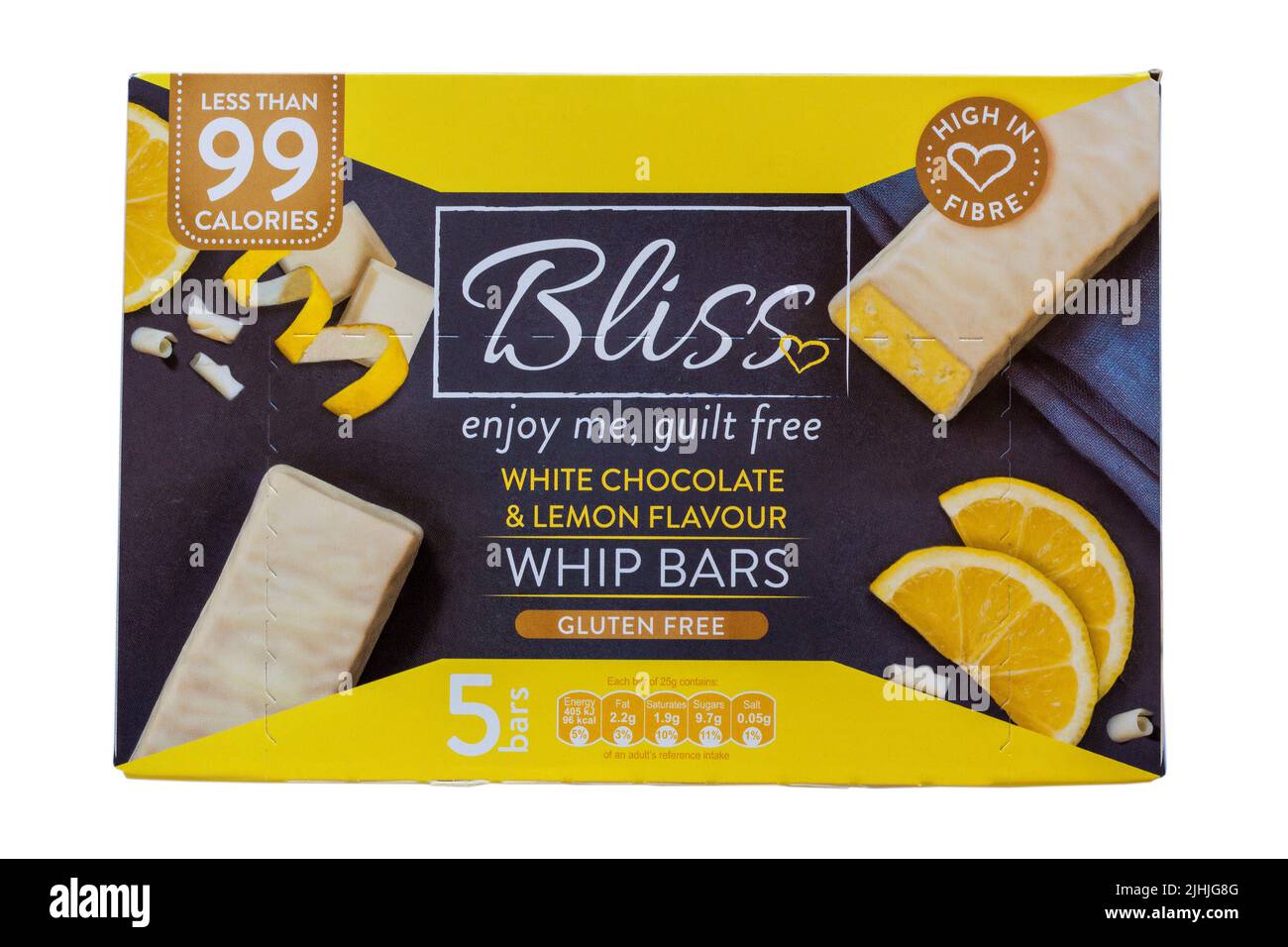 Box of Bliss white chocolate & lemon flavour whip bars gluten free isolated on white background