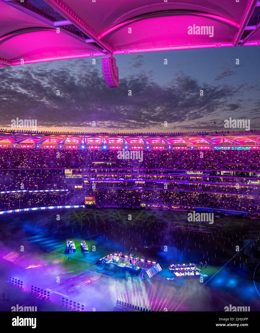 Fullhouse of fans and supporters at Optus Stadium at night lights 2021 AFL Grand Final Perth Western Australia. Stock Photo