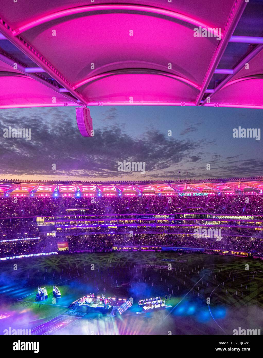 Fullhouse of fans and supporters at Optus Stadium at night lights 2021 AFL Grand Final Perth Western Australia. Stock Photo