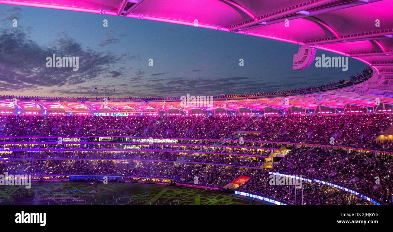 Fullhouse of fans and supporters at Optus Stadium at night lights 2021 AFL Grand Final Perth Western Australia. Stock Photo