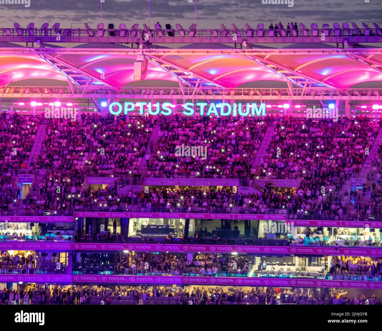 Fullhouse of fans and supporters at Optus Stadium at night lights 2021 AFL Grand Final Perth Western Australia. Stock Photo