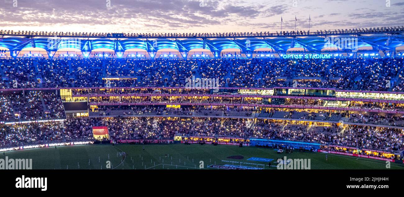 Fullhouse of fans and supporters at Optus Stadium at night lights 2021 AFL Grand Final Perth Western Australia. Stock Photo