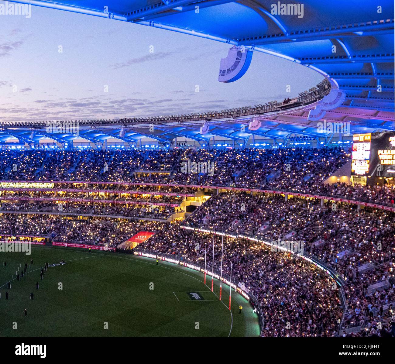 Fullhouse of fans and supporters at Optus Stadium at night lights 2021 AFL Grand Final Perth Western Australia. Stock Photo