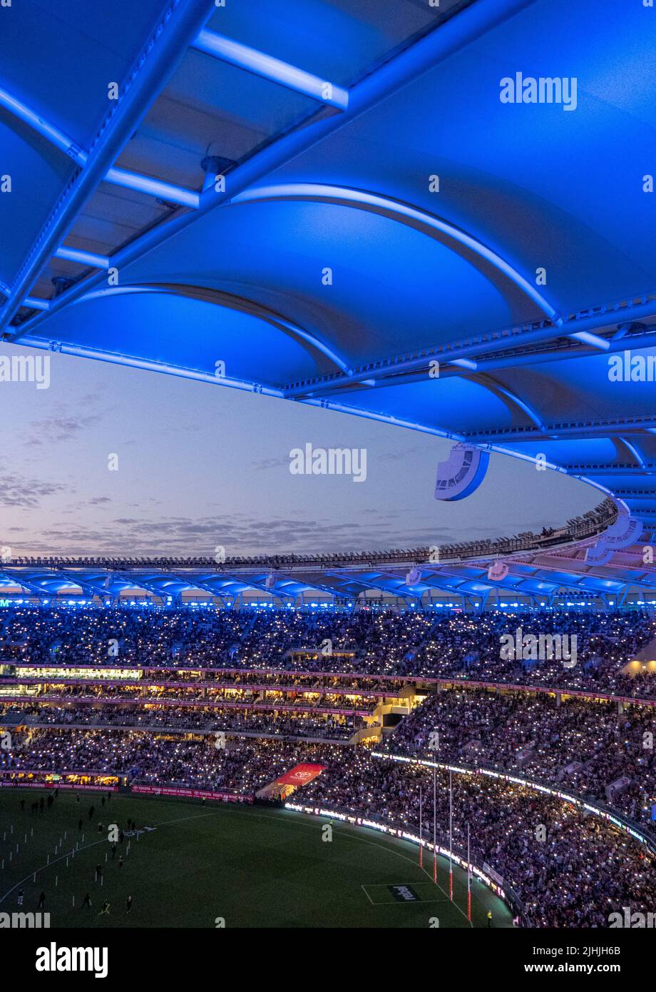 Fullhouse of fans and supporters at Optus Stadium at night lights 2021 AFL Grand Final Perth Western Australia. Stock Photo