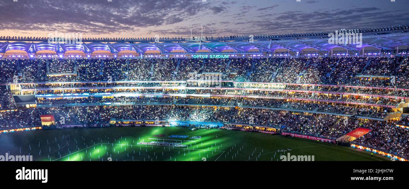 Fullhouse of fans and supporters at Optus Stadium at night lights 2021 AFL Grand Final Perth Western Australia. Stock Photo