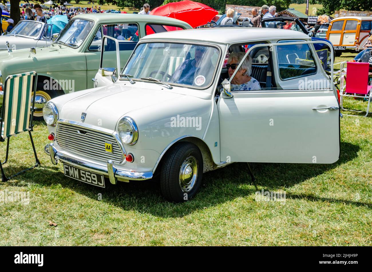 Front view of a 1970 Austin Mini in white at The Berkshire Motor Show in Reading, UK Stock Photo