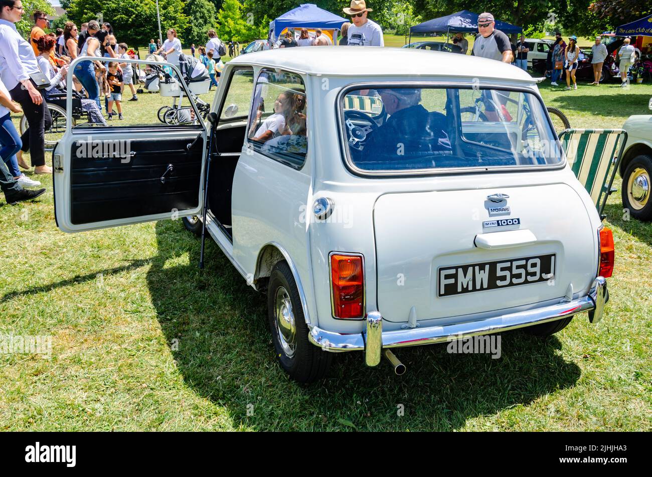 Rear view of a 1970 Austin Mini in white at The Berkshire Motor Show in Reading, UK Stock Photo