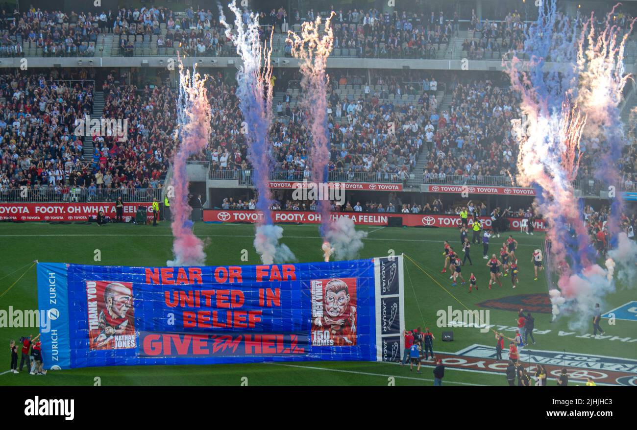 Melbourne Football club banner and fireworks at 2021 AFL Grand Final at Optus Stadium Burswood Perth Western Australia. Stock Photo