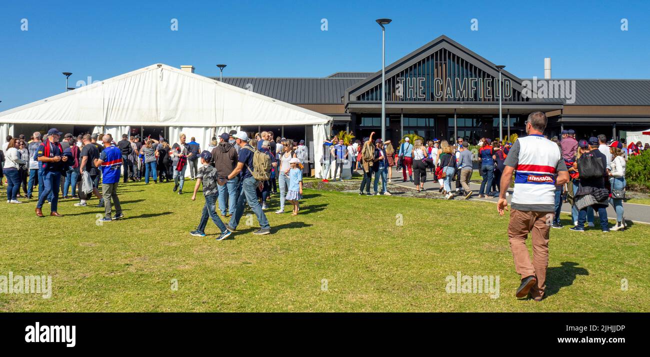 Western Bulldogs and Melbourne Football Club fans outside of Optus Stadium and the Camfield at 2021 AFL Grand Final Burswood Perth Western Australia. Stock Photo
