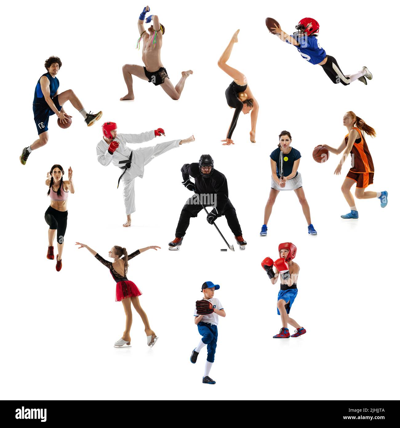 Set of dynamic portraits of young people and children doing different