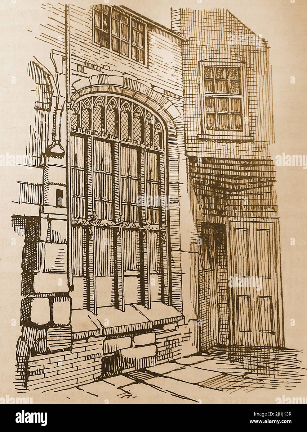 A 1930's sketch of what remains of John O' Gaunt's palace in Lincoln , England. John of Gaunt's Palace was a late 14th-century merchant's house in  Lincoln High Street, opposite the St Mary Guildhall. It was gradually demolished over the years. Its oriel window (not the window shown) is preserved in the gatehouse of Lincoln Castle Stock Photo