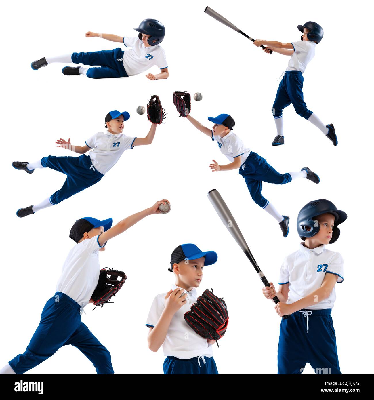 Collage of images of little boy, baseball player, pitcher in bluewhite