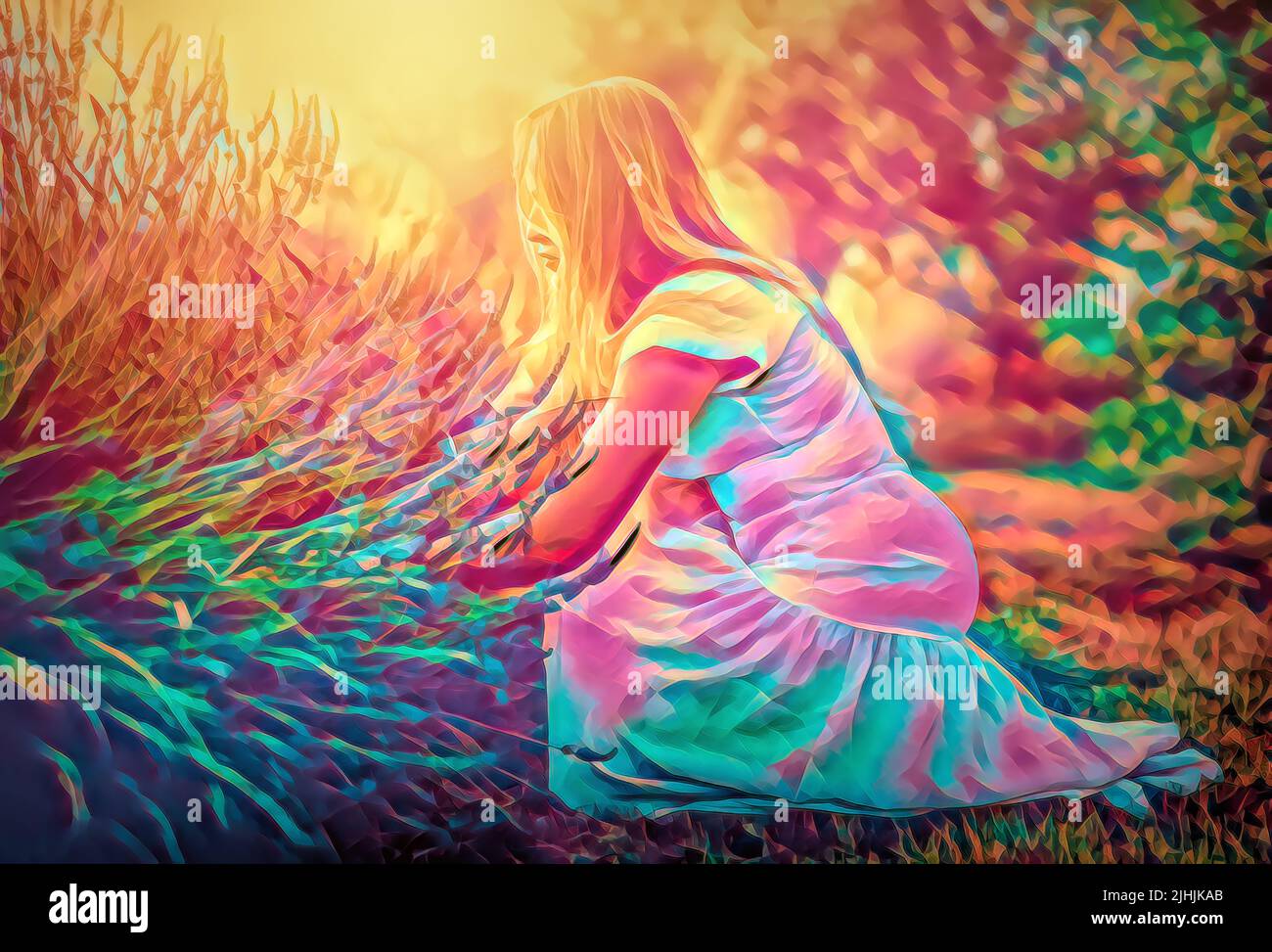 Woman collect lavender. Woman in the lavender field. Painting effect. Stock Photo