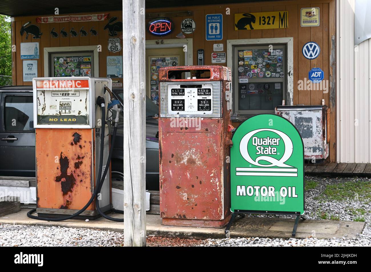 Gas pumps at Henry´s Rabbit Ranch, Staunton, Illinois, United States of America Stock Photo